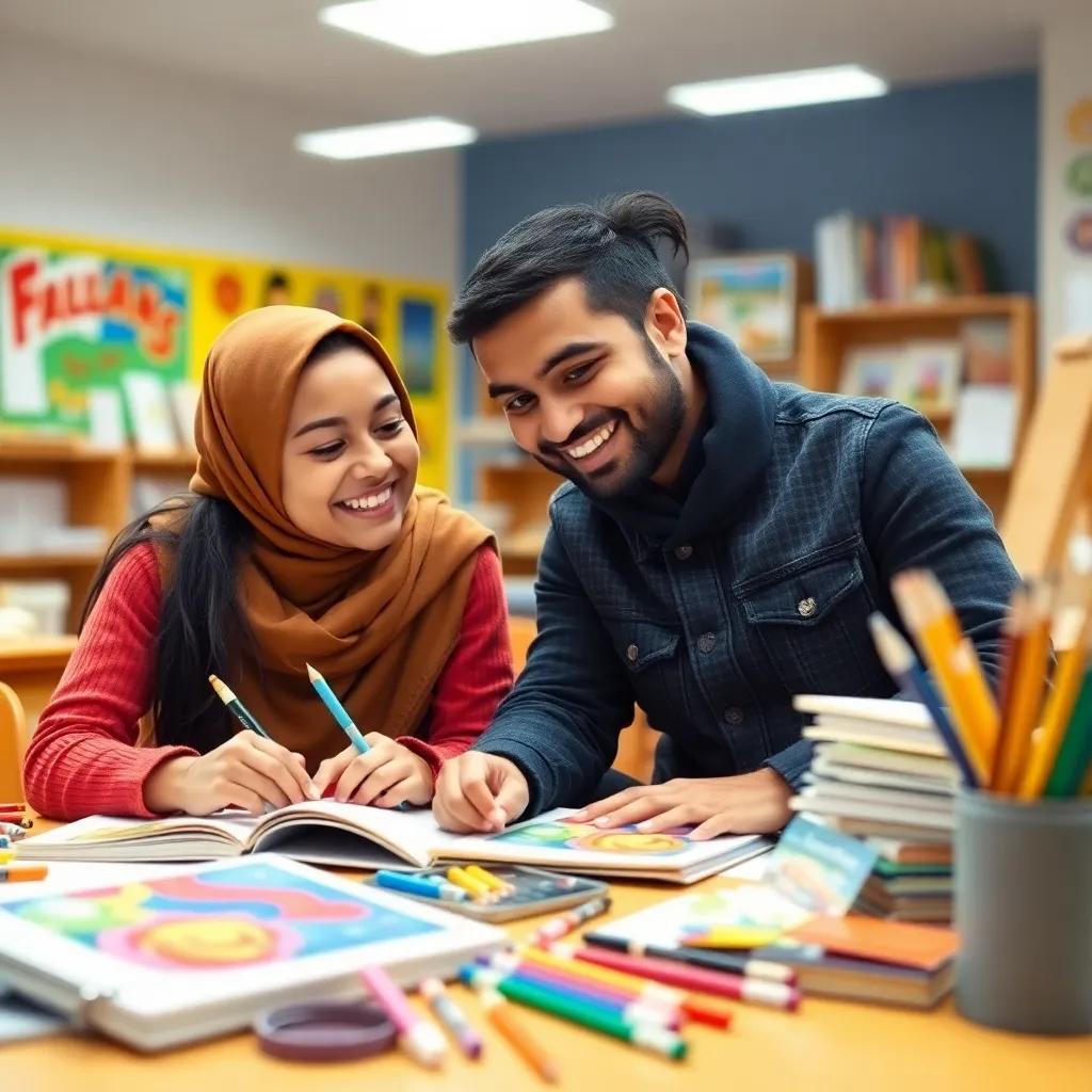 Amina and Zaid working on a school project together, surrounded by books and art supplies, sharing ideas, both smiling, in bright classroom setting, warm colors, positive vibes