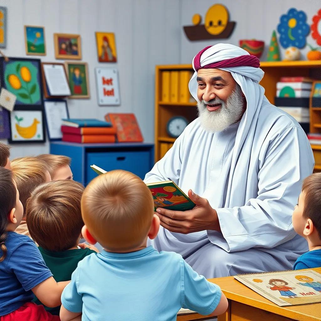 Mr. Hassan, an older Omani man wearing a dishdasha, telling a story to engaged students in a cozy classroom, with a focus on children's smiling faces and anticipation, colorful illustrations around, cheerful mood