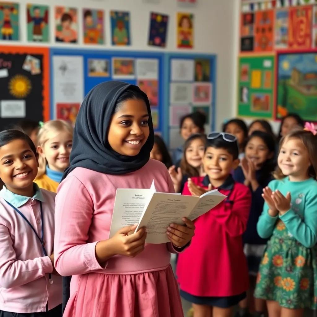 Amina in front of her classmates during moral values day, sharing her story, with all her classmates smiling and clapping in support, decorated room with colorful posters, vibrant and lively
