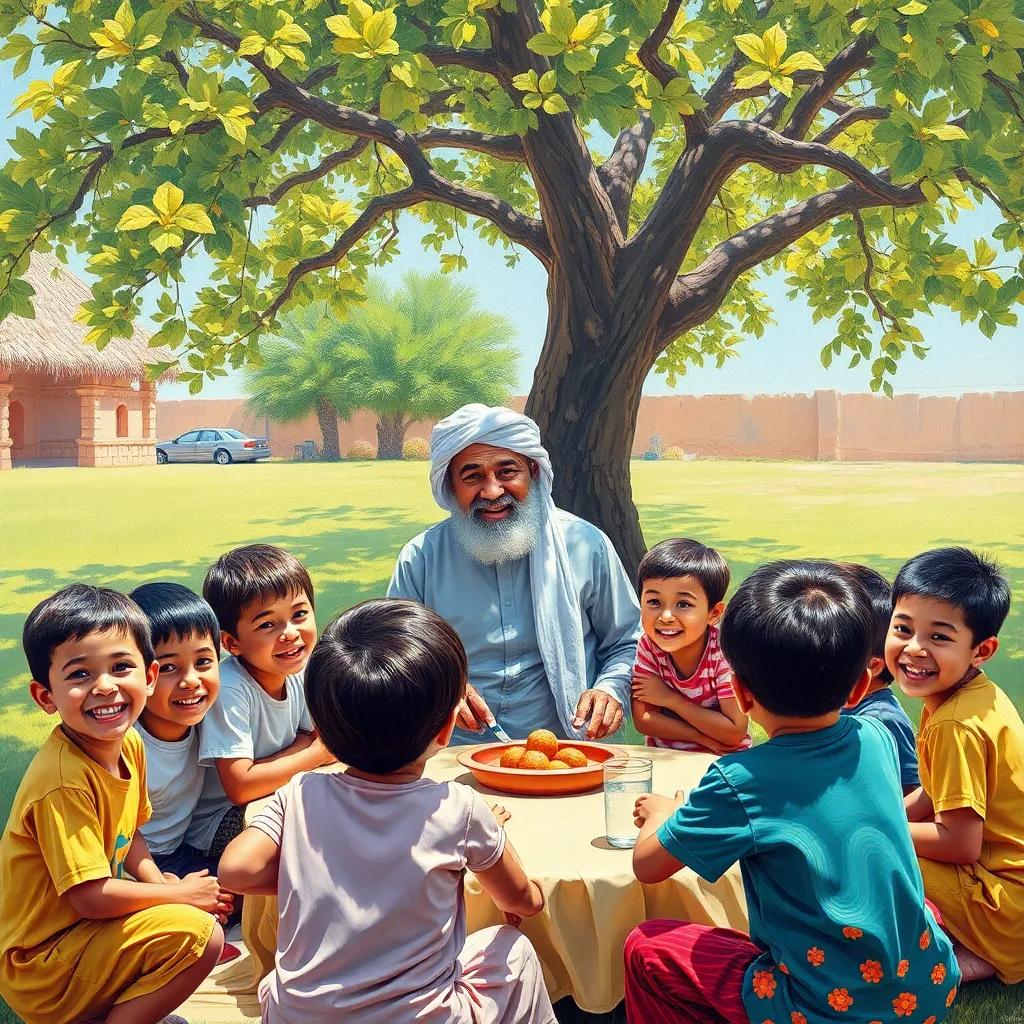A group of smiling children enjoying a picnic under a tree, with Mr. Hassan, an older Omani man wearing a dishdasha, leading games, lots of laughter, bright outdoor setting, cheerful ambiance