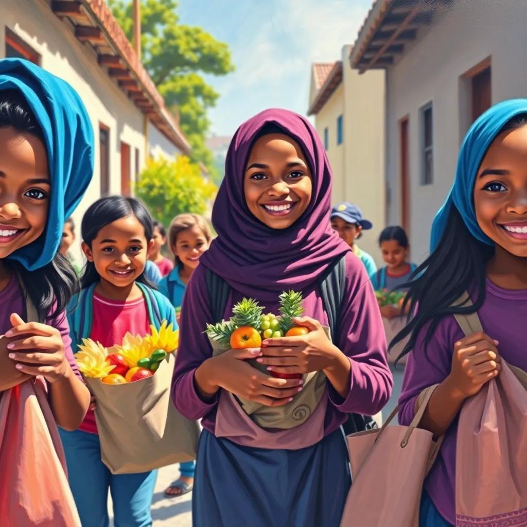 Amina and her classmates helping their community, carrying groceries with smiles, bright sunny day, showing kindness, heartwarming atmosphere, happy expressions all around