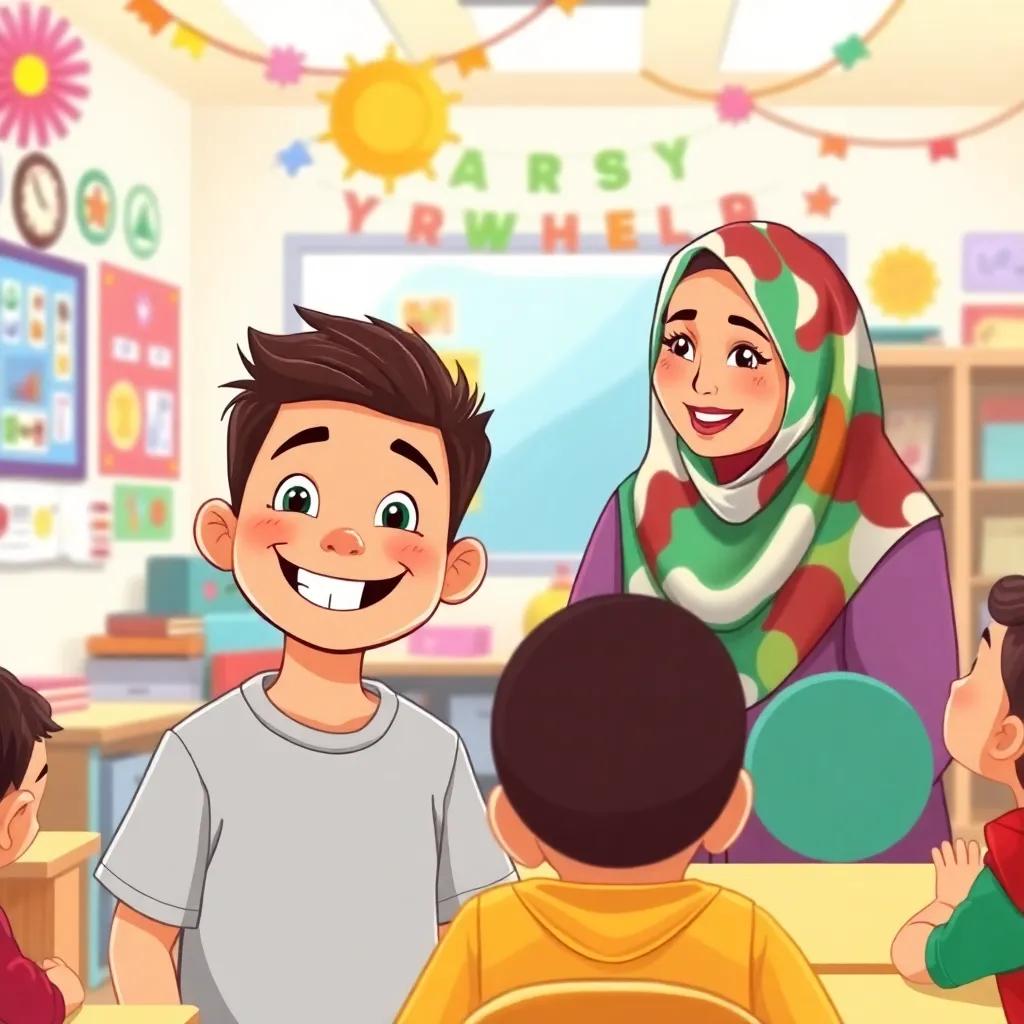 A bright classroom filled with colorful decorations, a young boy named Ahmed with a big smile, and Ms. Fatima, a kind Arab woman wearing a colorful hijab, engaging with the students, digital art, vibrant colors, cheerful atmosphere, high quality