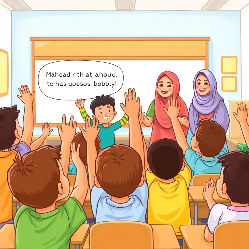 The children eagerly raising their hands in the classroom, showing excitement, with Ahmed asking about the story, and Ms. Fatima smiling encouragingly, bright classroom, playful and energetic vibe, high quality