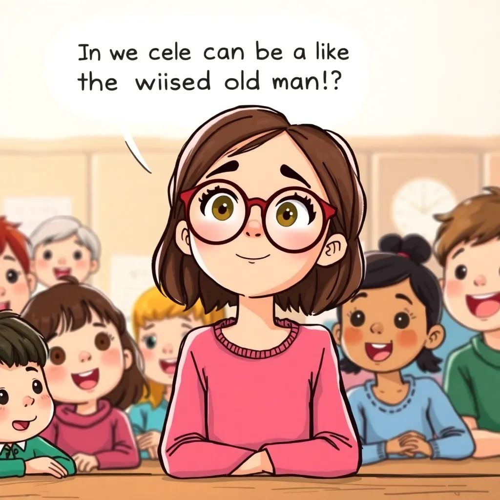Sara, a curious girl with glasses, asking if they can be like the wise old man in the story, surrounded by her classmates with excited expressions, warm classroom light, cheerful and engaging mood, clear focus