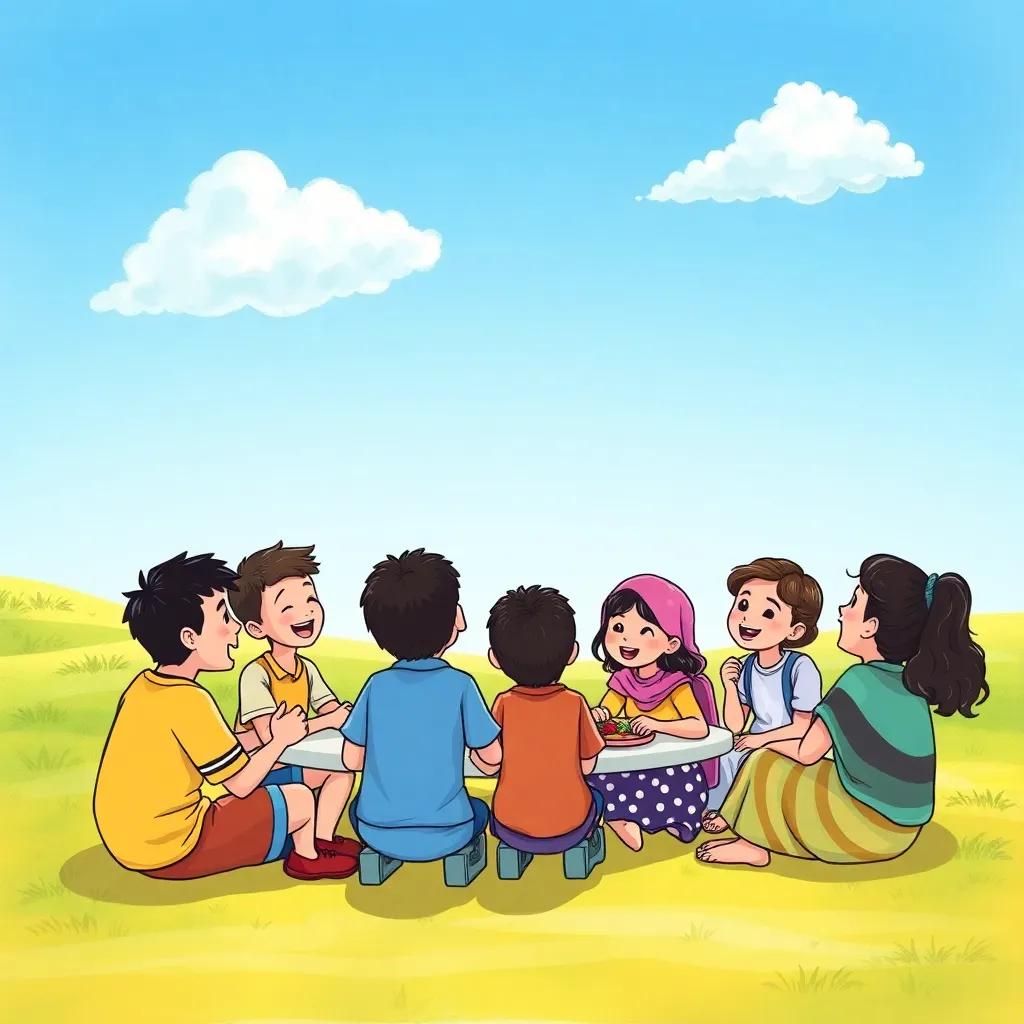 The lunch break outside with children sitting in a circle, sharing their dreams enthusiastically under a bright blue sky, with Ahmed and Fatima animatedly discussing, cheerful vibe, colorful and lively scene, high quality