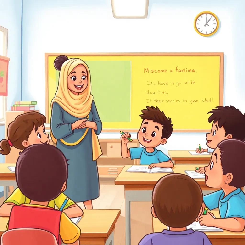Ms. Fatima walking around the classroom encouraging students as they write their stories, Ahmed looking proud with his pencil, joyful expressions all around, bright classroom, child-friendly atmosphere, high quality
