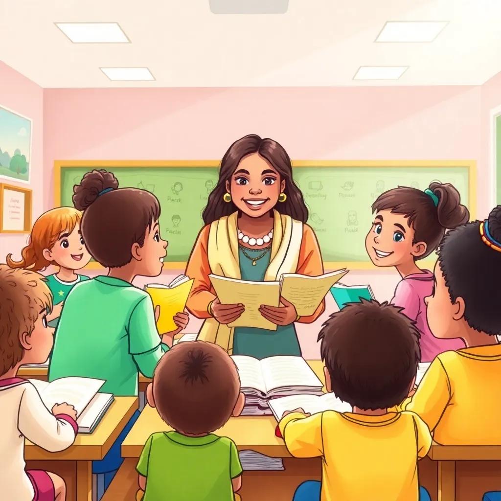 The classroom filled with children's stories on paper, with Ms. Fatima smiling proudly, students looking inspired, bright lights shining, vibrant and uplifting scene, clear detail, high quality