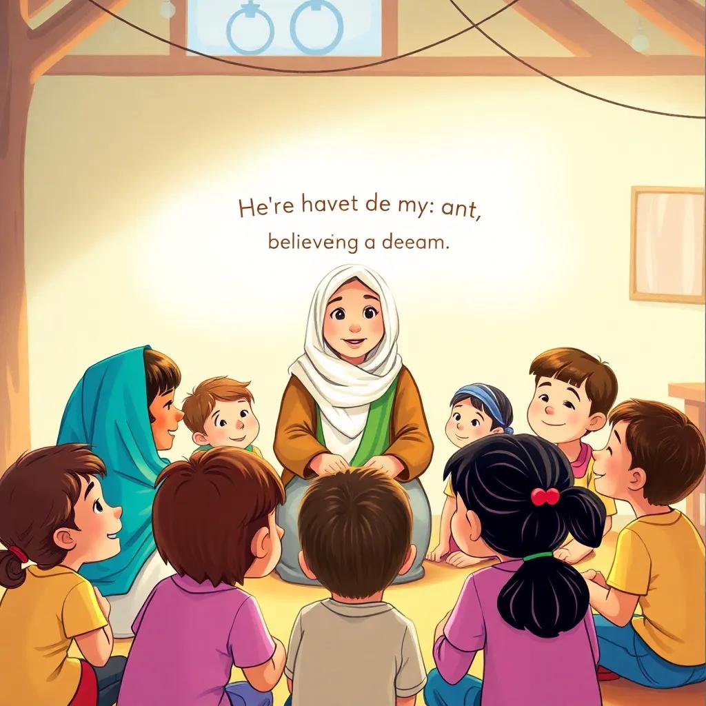A warm gathering at the end of the day with Ms. Fatima speaking to her students about believing in dreams, animated expressions on each child's face, soft lighting, heartwarming atmosphere, detailed background