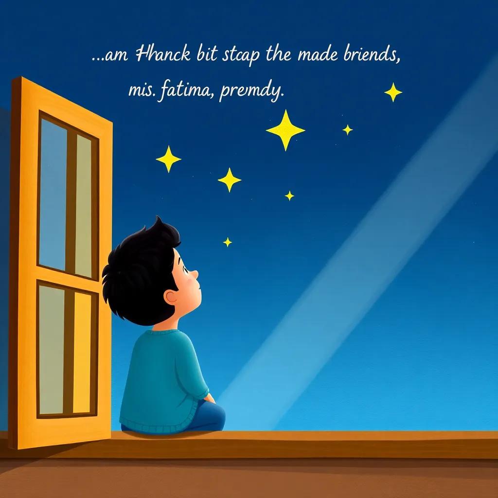 Ahmed gazing at the stars from his window, whispering thanks to Ms. Fatima, dreaming big with twinkling stars shining bright, calm night scene, whimsical and thoughtful mood, high quality