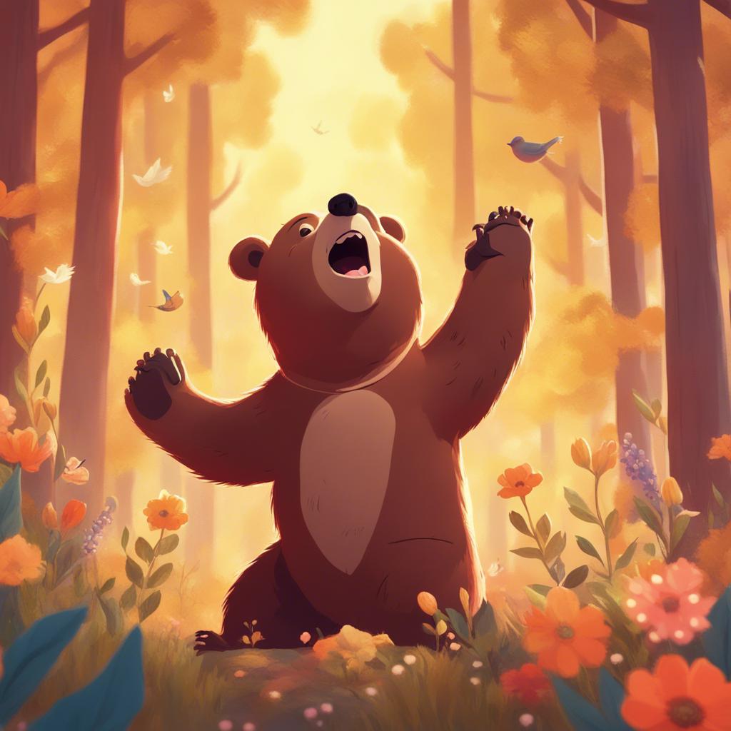 A cheerful bear named Benny, stretching in a sunlit forest surrounded by blooming flowers and singing birds, digital art, warm colors, inviting atmosphere, high quality