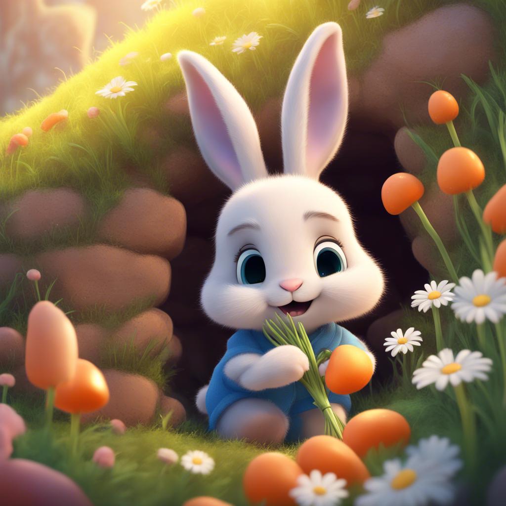 A cute bunny named Bella with fluffy ears, gathering carrots in a cozy burrow filled with daisies, bright sunshine, cheerful, colorful, whimsical, high quality