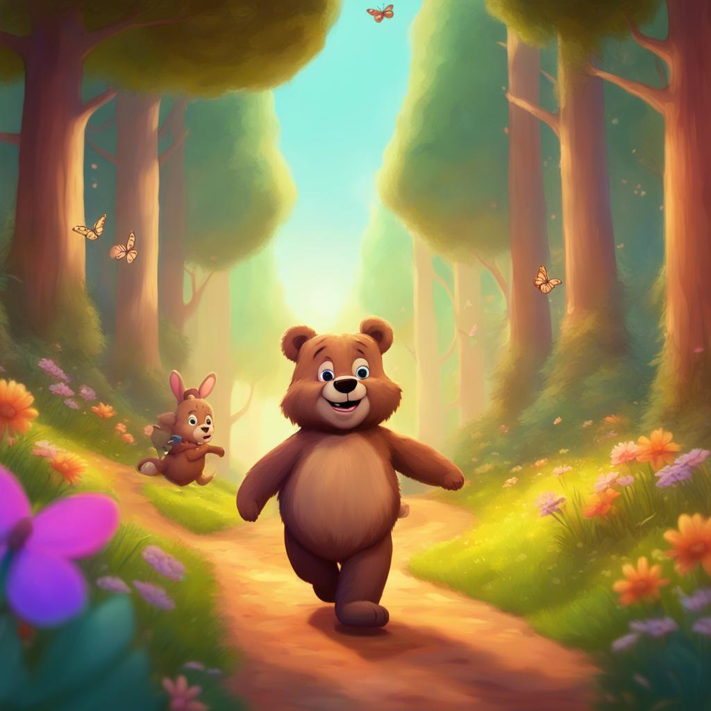 Benny the bear and Bella the bunny walking down a lovely forest path, laughing together with trees and butterflies around them, warm light, vibrant colors, delightful scenery, high quality