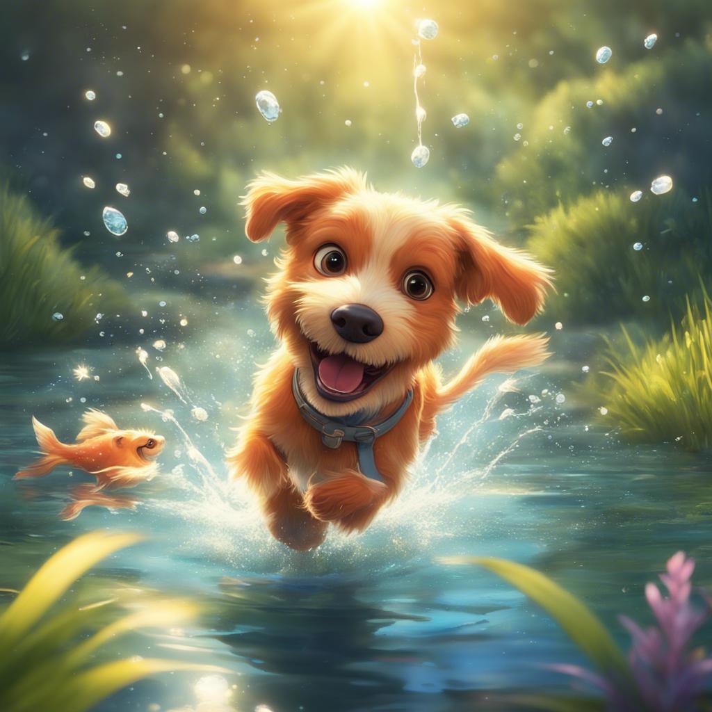 A sparkling stream with Benny and Bella splashing in the water, shiny fish jumping, sunbeams creating a magical atmosphere, cheerful, fun, digital art, high quality