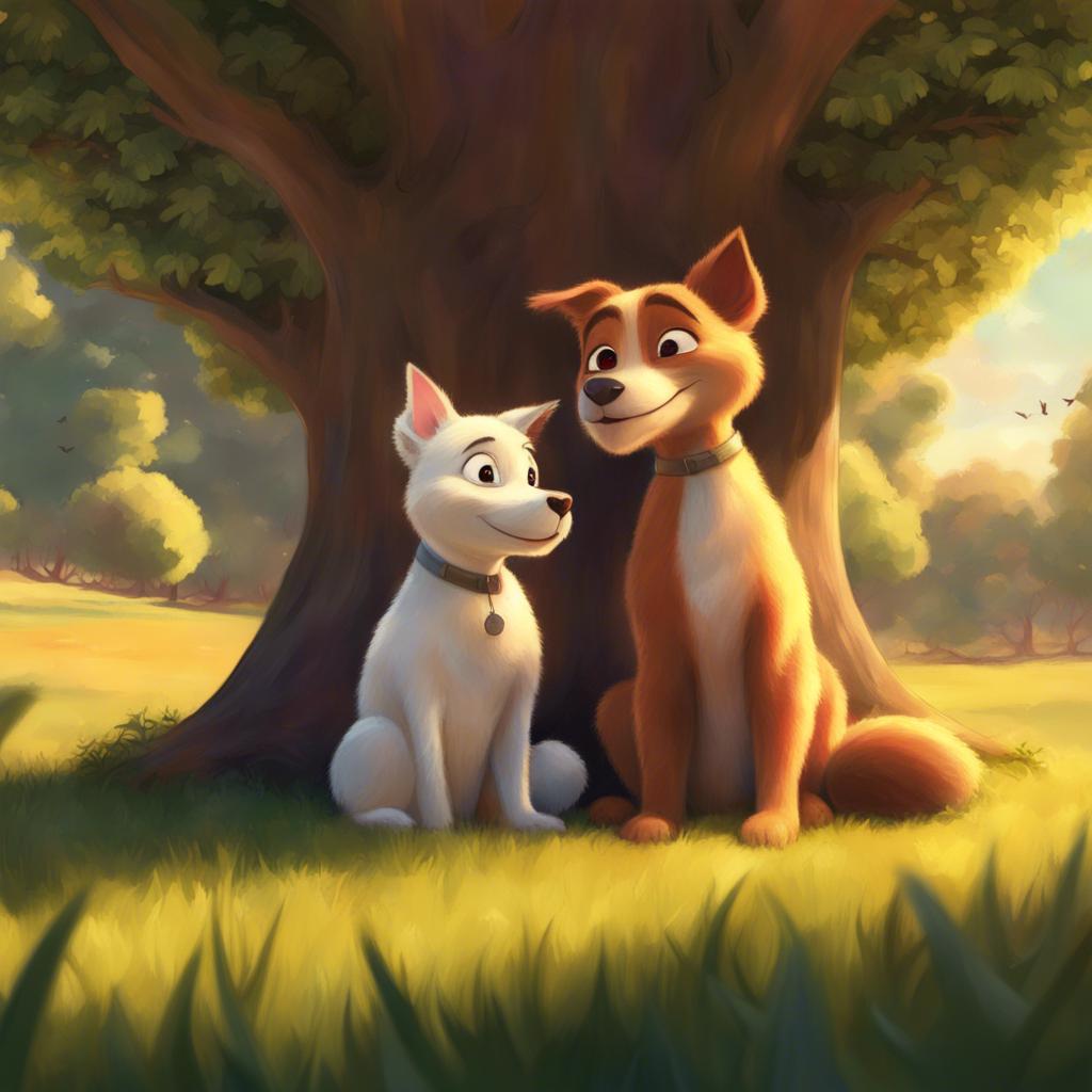 Benny and Bella sitting on soft grass under an oak tree, sharing their dreams, warm sunlight filtering through leaves, peaceful, friendly vibe, high quality