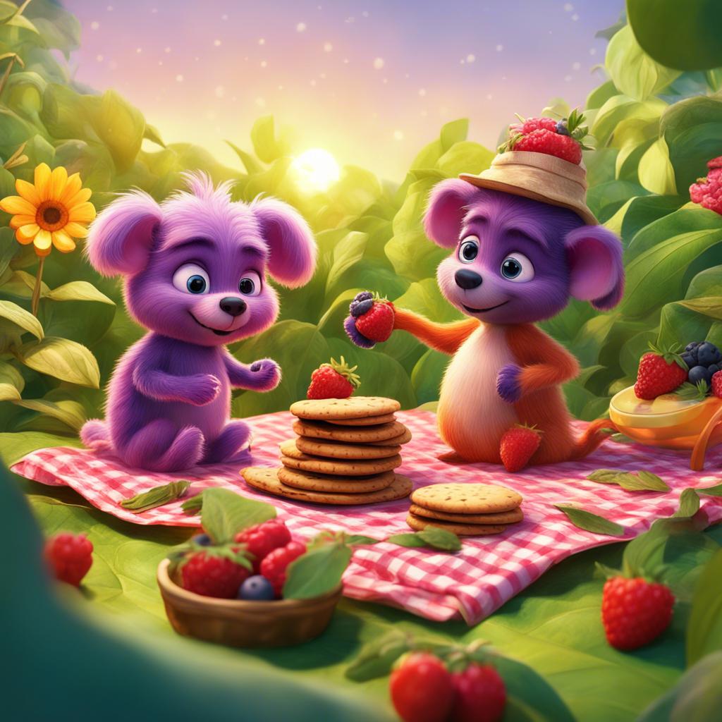 Benny and Bella preparing a colorful picnic with berries and cookies on a big green leaf, surrounded by sunshine and flowers, vibrant colors, joyous atmosphere, high quality