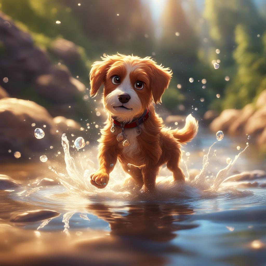 Benny splashing his paws in the stream, with ripples and sunlight reflecting like diamonds, lively scene, playful, high quality