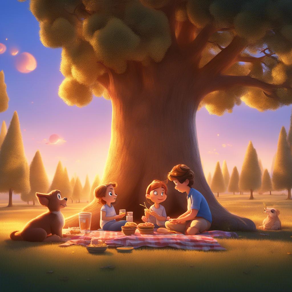 A warm picnic scene with Benny and Bella enjoying their snacks under a big tree, golden hour light casting a magical glow, heartfelt, cheerful, high quality