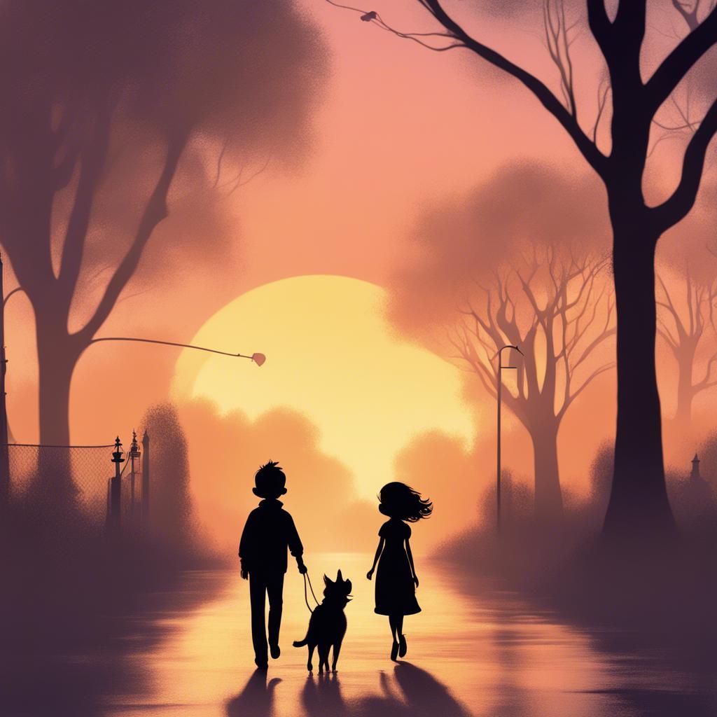 Benny and Bella as silhouettes walking home in the golden sunset, happy smiles on their faces, soft colors of twilight, whimsical, delightful mood, high quality