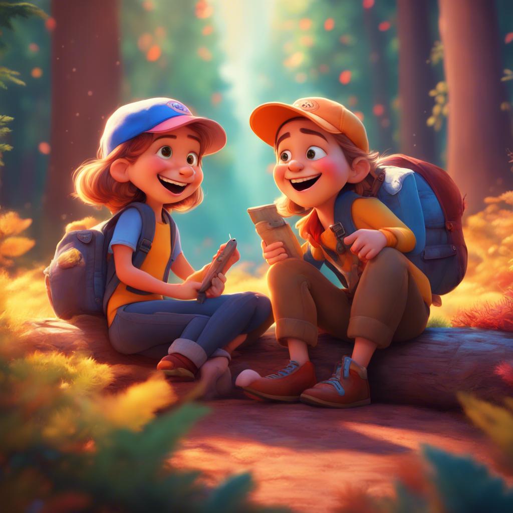 Benny and Bella laughing together as they make plans for their next adventure, surrounded by a colorful forest, cheerful, playful, high quality