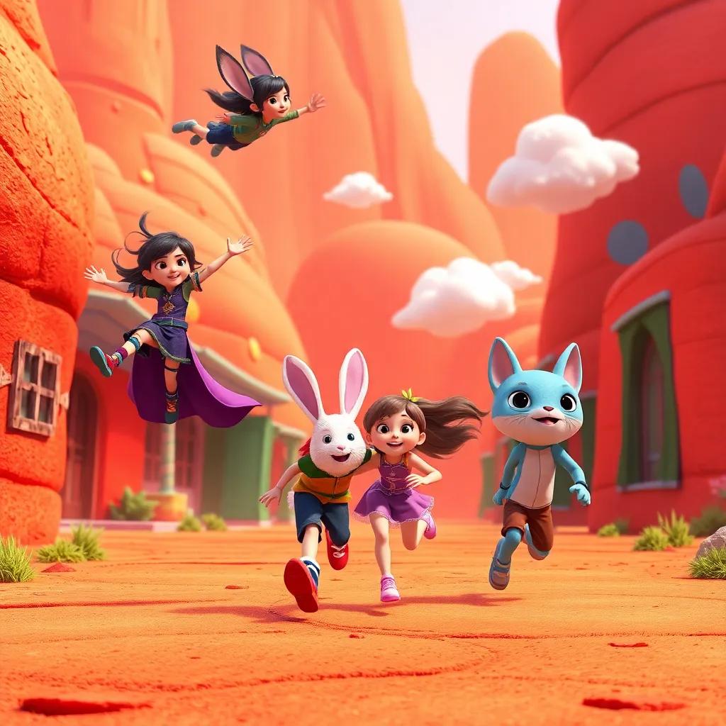 A group of four friends in a bright red Martian town, with Lyra floating in the air, Zane transforming into a rabbit, Mira running fast, and Cato controlling clouds, digital art, vibrant colors, lively atmosphere, playful interaction, child-friendly