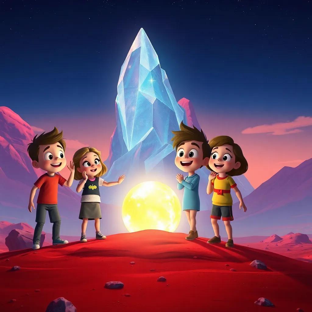 The four friends reaching a glowing orb at the base of the crystal mountain on Mars, with expressions of wonder and excitement, colorful Martian landscape, warm light, magical ambiance, storytelling view, engaging composition