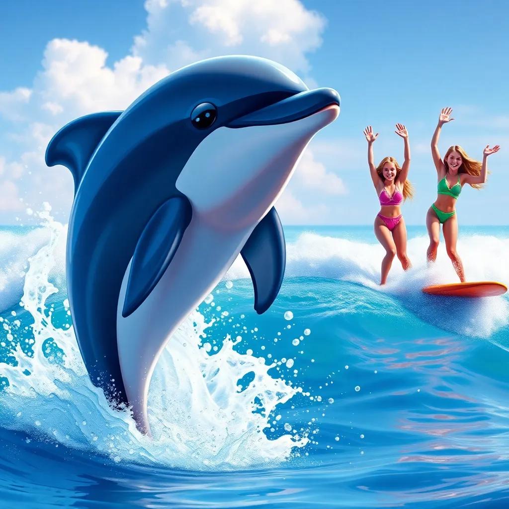 A playful dolphin named Splash jumping out of the water, with the surf girls cheering on their surfboards, splashes of water around, vibrant colors, joyful scene, high quality