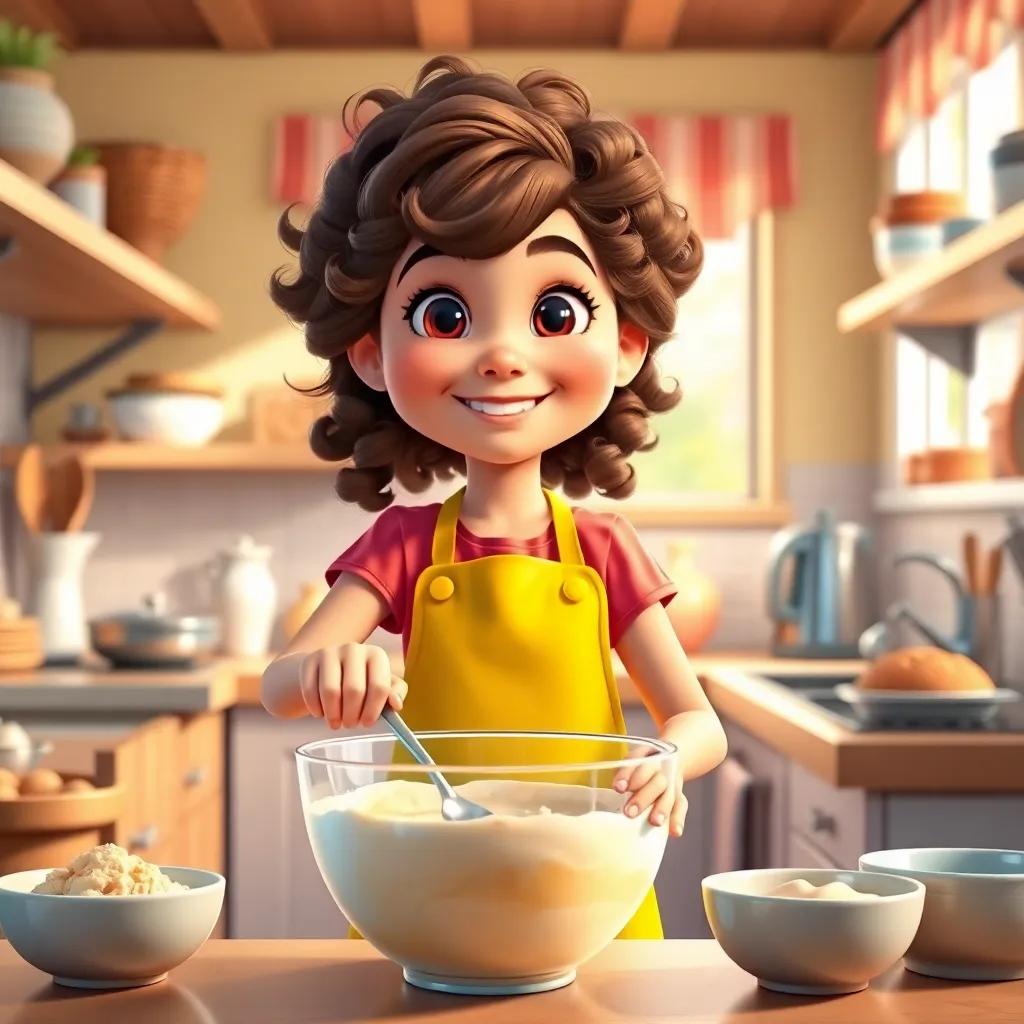 A cheerful girl, Lila, with curly brown hair wearing a bright apron, standing in a sunny, colorful kitchen filled with baking supplies, stirring a big bowl of batter, digital art, vibrant colors, warm lighting, inviting atmosphere, high quality