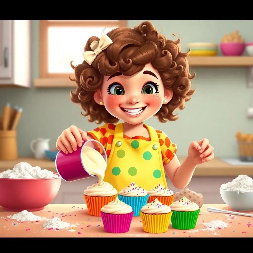 Lila, a cheerful girl with curly brown hair in a bright apron, pouring cupcake batter into colorful cupcake cups on a kitchen counter surrounded by flour and sprinkles, joyful and bright, digital painting, cheerful mood, child-friendly