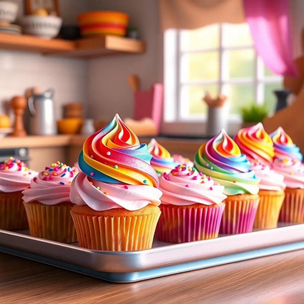 A big, colorful cupcake tray with magical, fluffy cupcakes topped with rainbow frosting and sparkling sprinkles, in a cozy kitchen setting, warm light, vibrant colors, inviting and cheerful ambiance, high quality