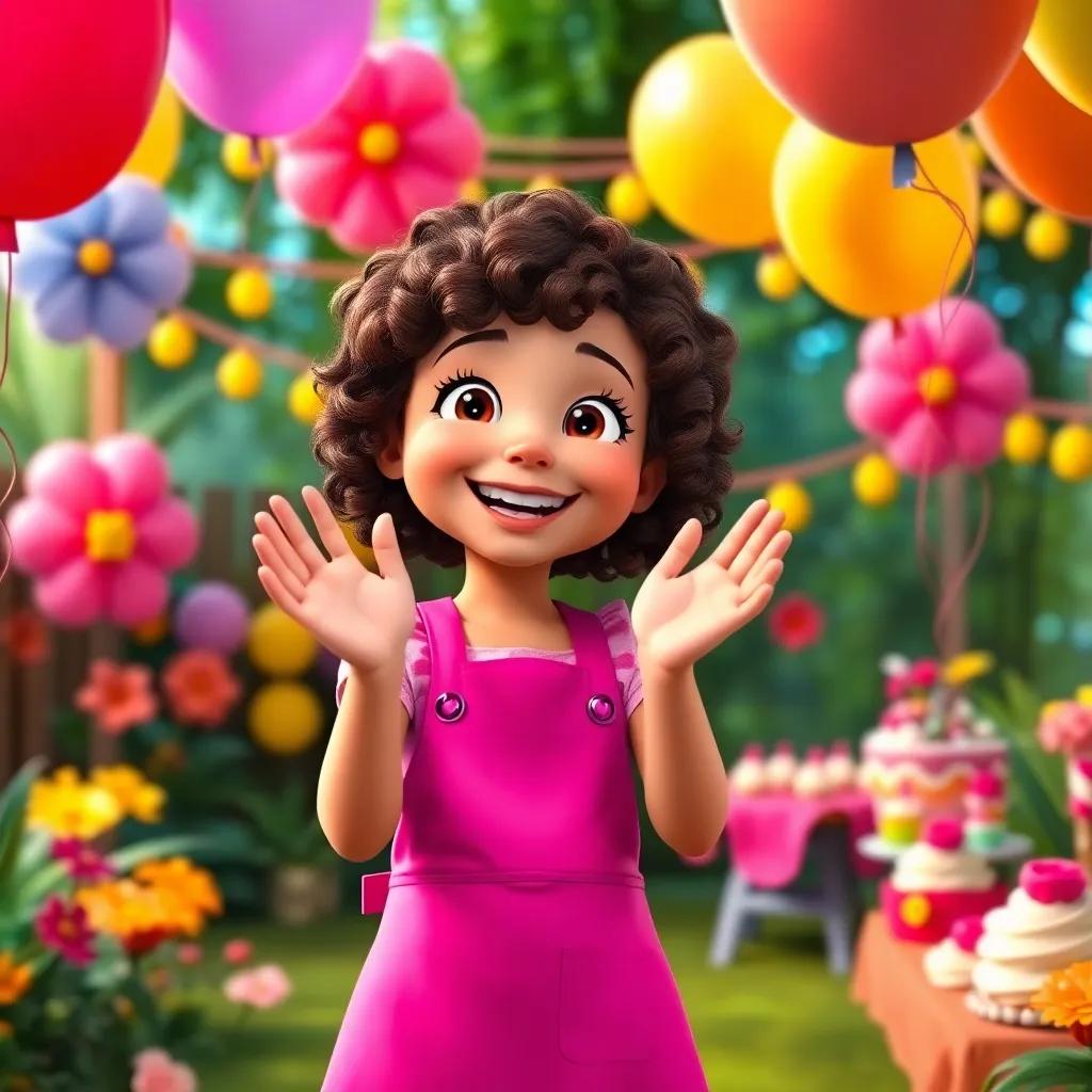 Lila, a cheerful girl with curly brown hair in a bright apron, clapping her hands excitedly in a garden decorated with vibrant balloons for a surprise cupcake party, joyful atmosphere, colorful decorations, digital art, bright and lively