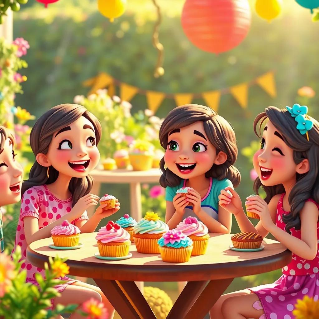 Lila's friends with bright smiles, eagerly enjoying colorful cupcakes at a garden table surrounded by cheerful decorations, laughter and joy, warm sunlight, vivid colors, digital illustration, happy and magical feeling