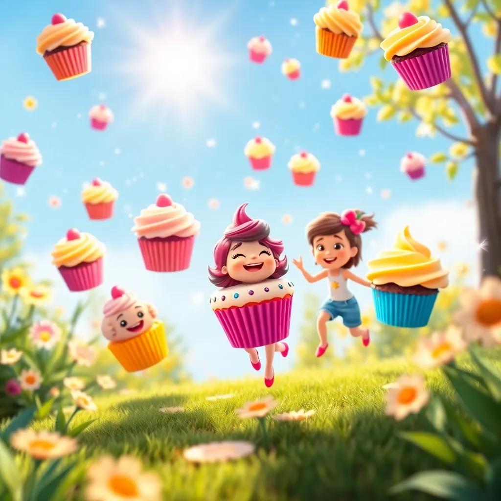 Magical cupcakes floating in the air, surrounded by sparkling light, with Lila and her friends laughing and chasing them in a sunny garden, colorful and vibrant, magical atmosphere, high quality, cheerful and fun