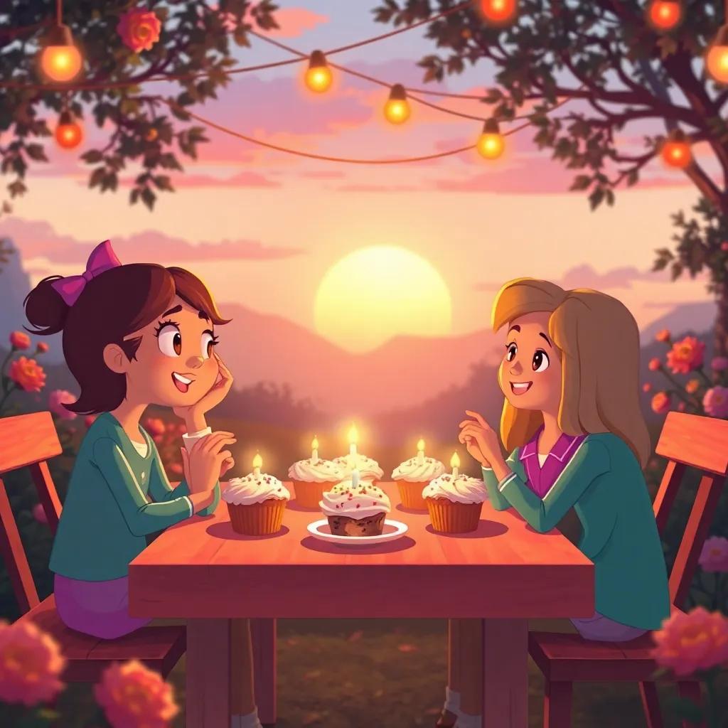 Lila and her friends sitting together at a garden table, sharing stories over half-eaten magical cupcakes, glowing sunset in the background, warm color palette, cozy and joyful setting, digital art, heartwarming