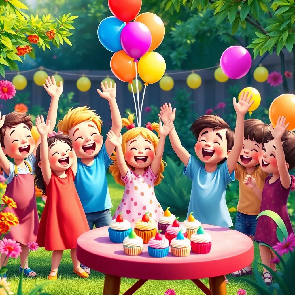 A group of children cheering and dancing together in a garden filled with happiness and laughter, with colorful balloons and cupcakes on the table, joyful mood, bright colors, high quality, playful scene
