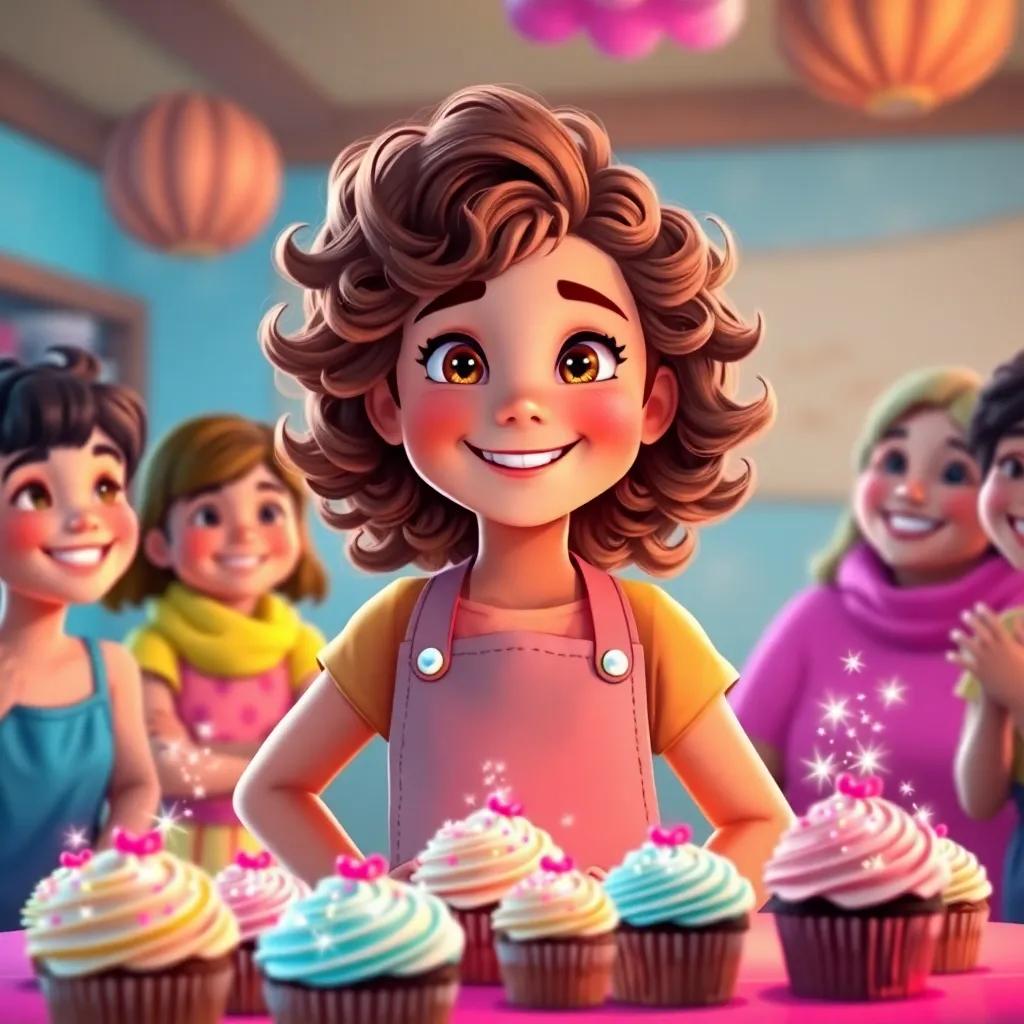 Lila, a cheerful girl with curly brown hair in a bright apron, standing proudly in front of a table filled with magically sparkling cupcakes, surrounded by friends smiling with joy, vibrant colors, digital painting, warm atmosphere