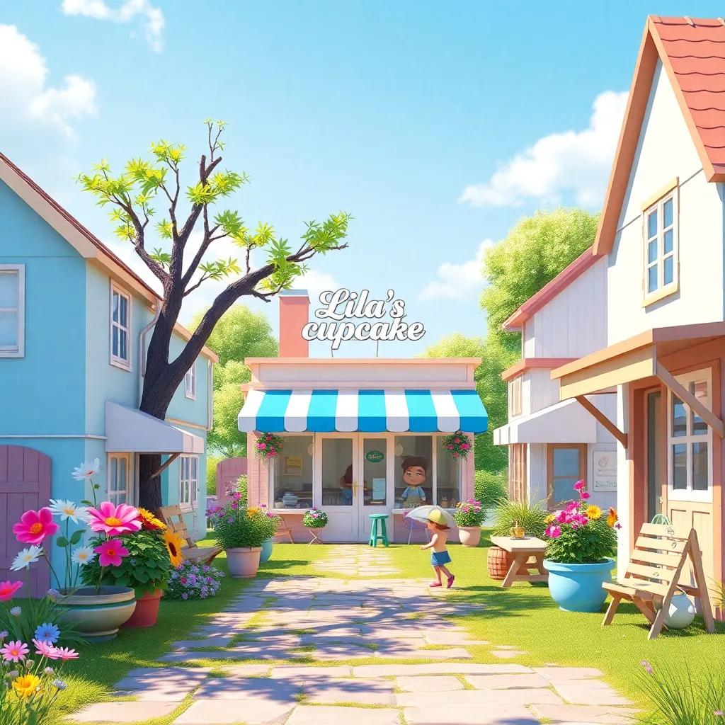 A serene landscape of a small, sunny town with Lila’s cupcake shop in the background, flowers blooming and kids playing, peaceful and cheerful atmosphere, bright colors, high quality, inviting scene