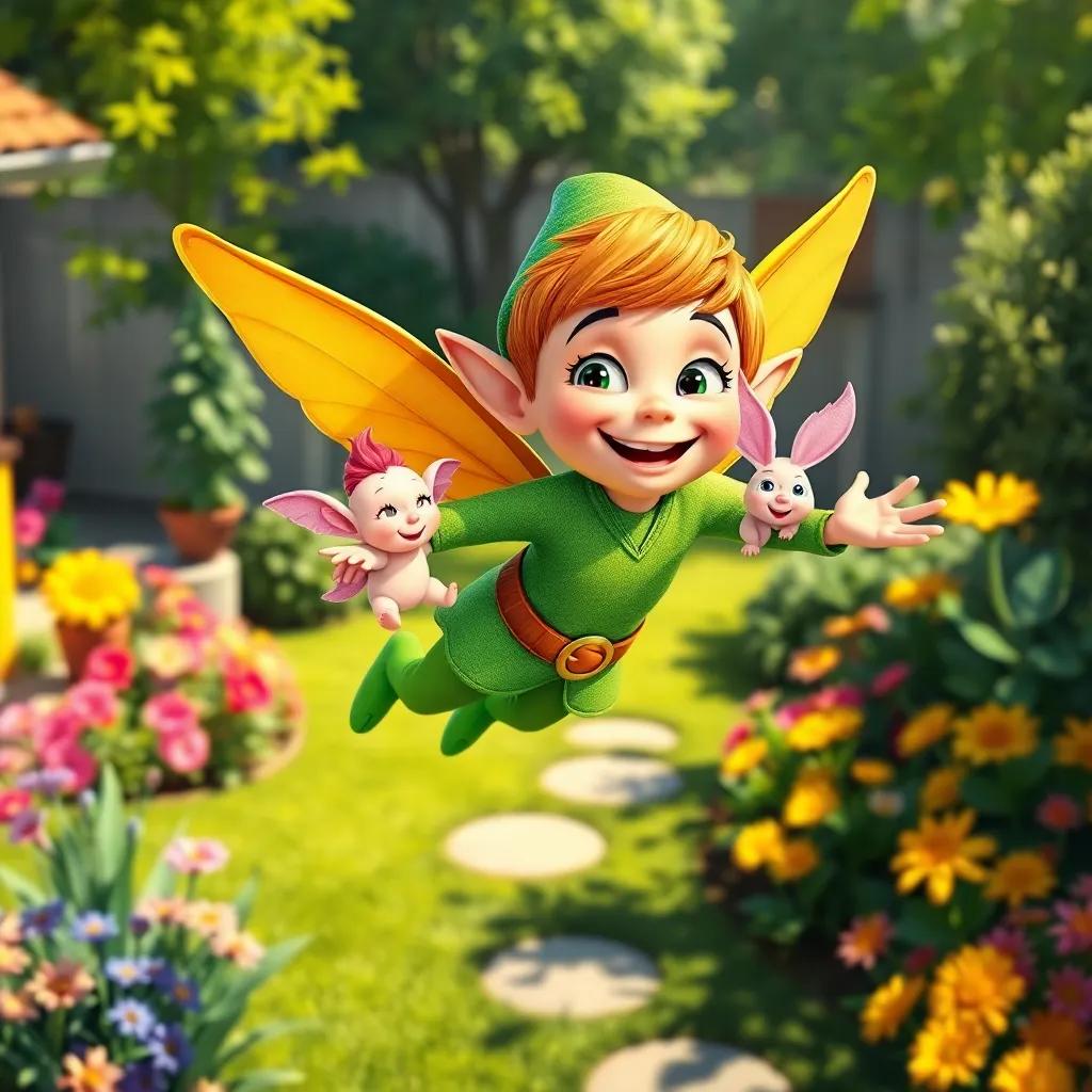 Felix the elf, a cheerful elf with bright green clothes and golden wings, flying happily with a baby elf named Peppermint, a small elf with soft pink wings, over a sunny backyard with colorful flowers, digital art, vibrant colors, cheerful scene, high quality