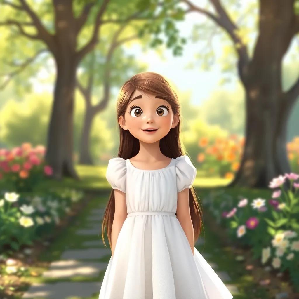 A girl named Maya, an 11-year-old girl with long brown hair, wearing a beautiful white dress, standing in a sunlit park with flowers and trees, surprise expression on her face, digital painting, bright colors, warm atmosphere, joyful