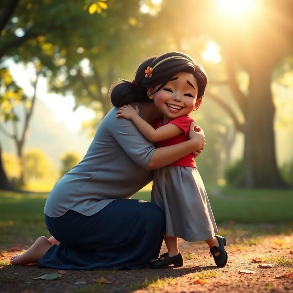 A woman, Maya's mother, kneeling down with tears of joy, embracing Maya tightly in the park, with sunlight filtering through the trees, emotional embrace, digital art, vibrant colors, uplifting scene, high quality