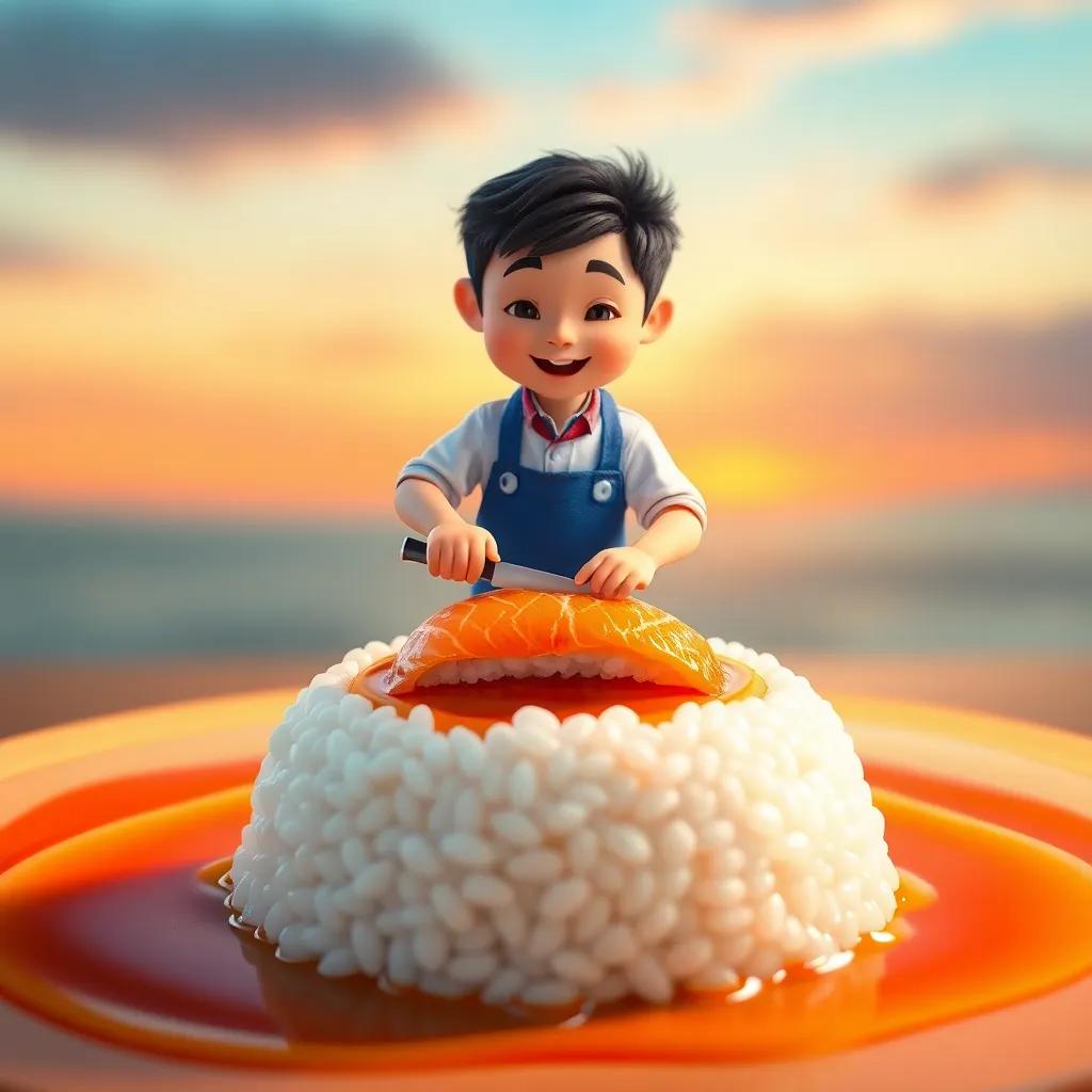 A tiny sushi chef, Ken, a miniature Asian boy wearing a blue apron, skillfully slicing fish on a large grain of rice, with soft soy sauce waves around him, bright sunset colors, cheerful atmosphere, whimsical, high quality