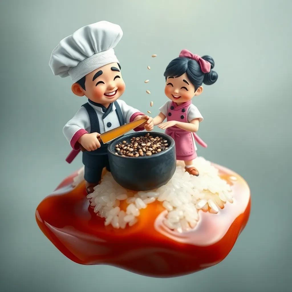 Two tiny sushi chefs working together, one is Ken with a samurai-sized knife and the other is Nara, a miniature Asian girl with a pink apron sprinkling sesame seeds, on a floating grain of rice, surrounded by a soy sauce ocean, vibrant colors, joyful teamwork, enchanting, high quality