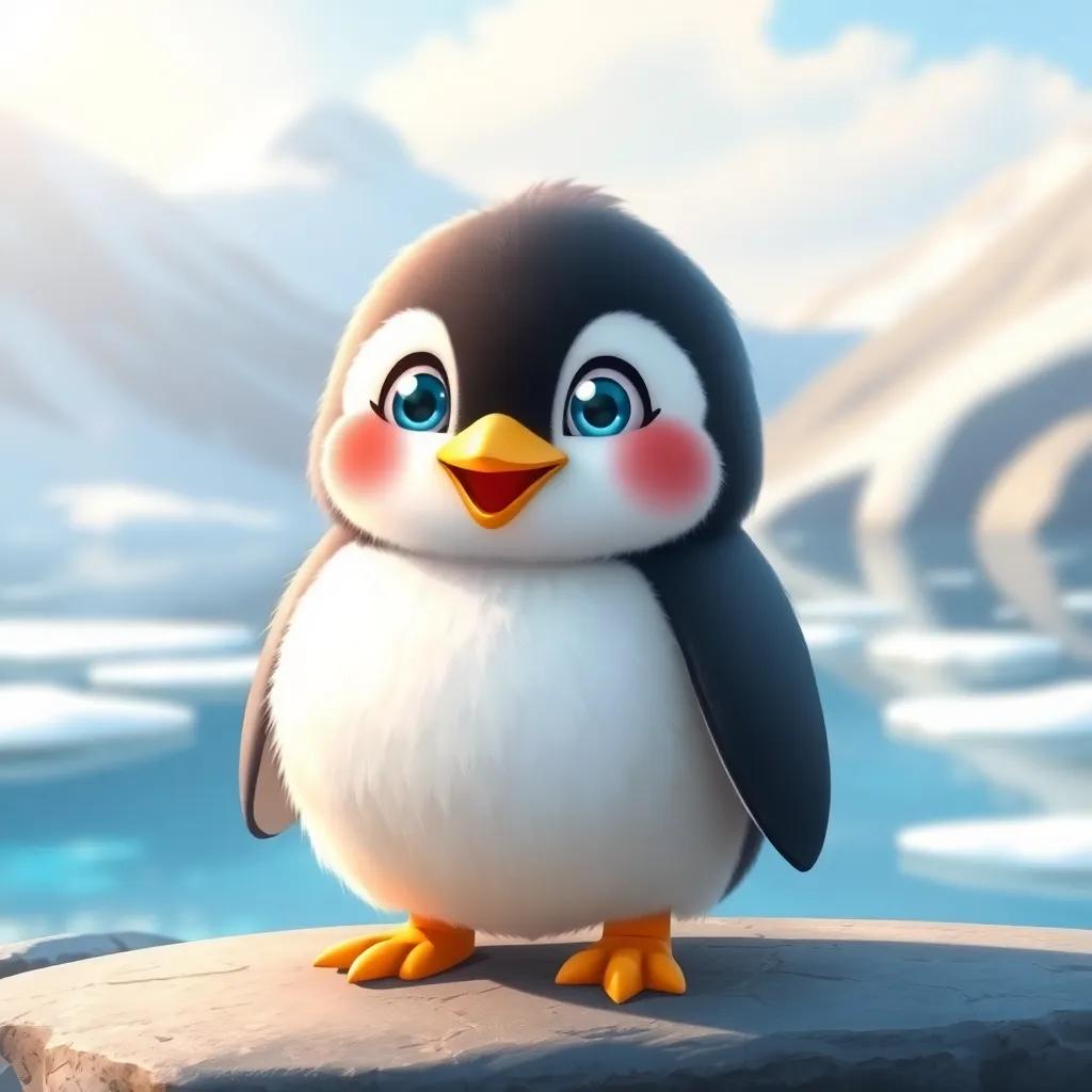 A small round penguin, Pudding, with fluffy feathers, shiny beak, and bright blue eyes, looking excited while standing on the edge of an icy lake, illustration, cheerful colors, sunny day, inviting atmosphere, high quality