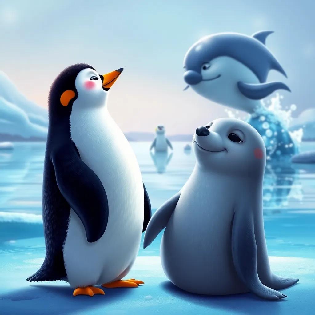 Pudding the penguin watching his friend Lily the seal skating gracefully and Benny the whale splashing nearby, smiling and feeling inspired, digital painting, vibrant scene, joyful, close-up, high quality