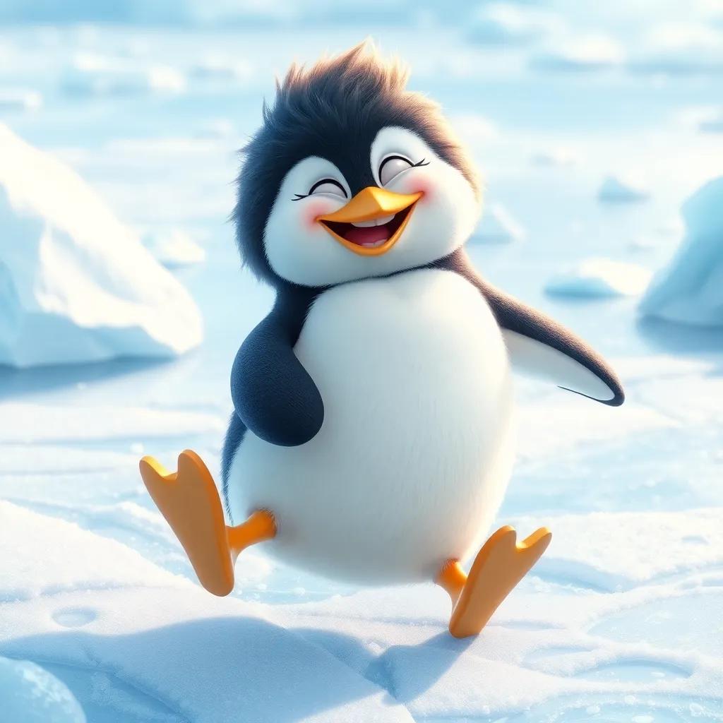 Pudding the penguin wobbling on the ice with determination, fluffy feathers slightly askew, laughter in his eyes as he glides a bit, surrounded by glimmering ice, bright colors, playful perspective, high quality