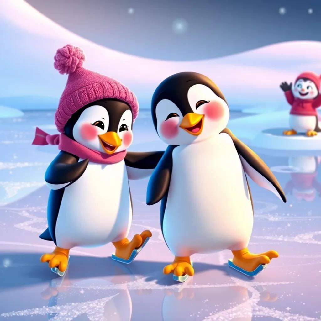 Pudding the penguin attempting to skate with Lily helping him, both smiling, Benny cheering in the background, with a sparkling frozen lake, digital art, warm colors, happy scene, high quality
