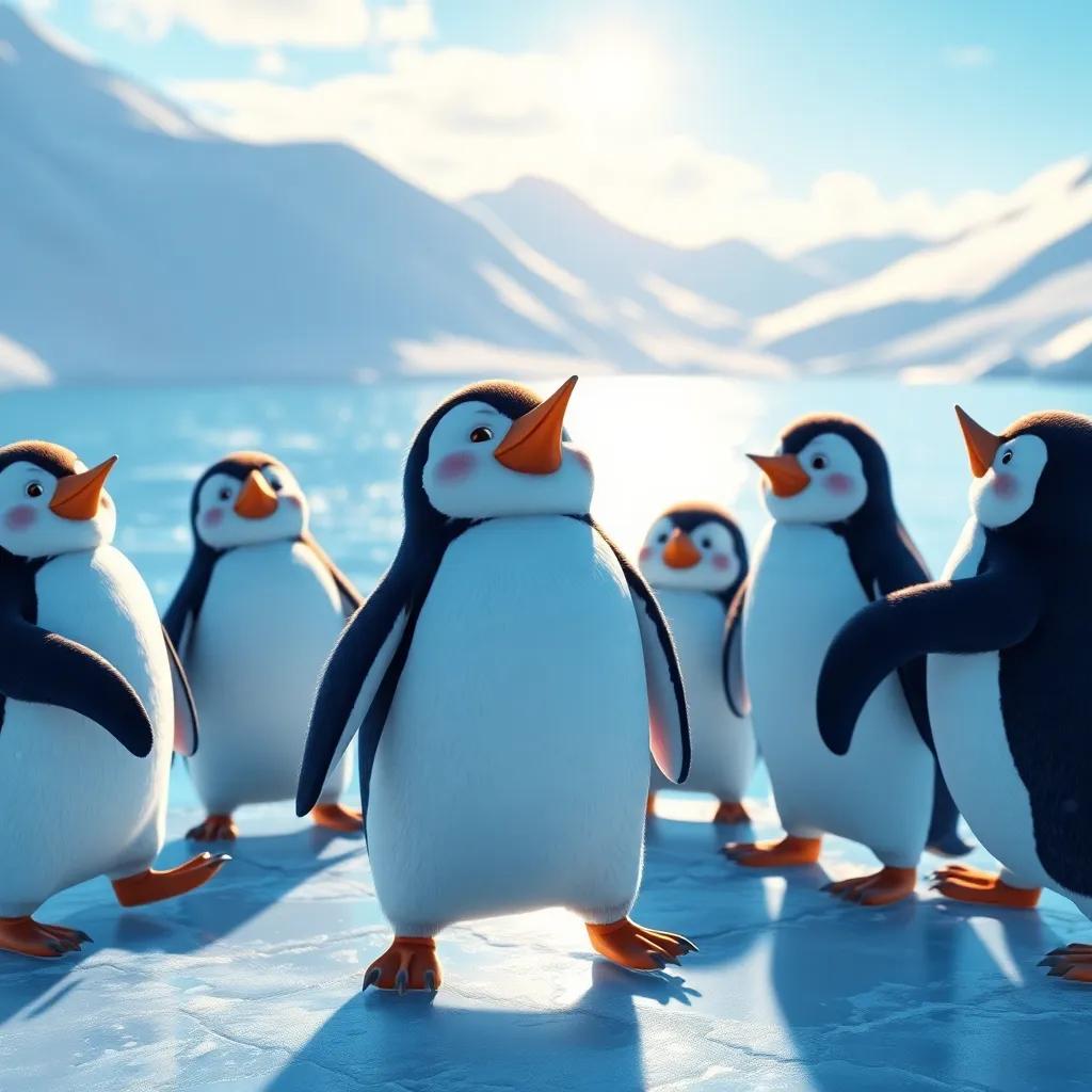 Pudding the penguin gaining confidence, surrounded by his friends as they laugh together while skating, icy lake glistening under the sun, joyful atmosphere, bright colors, high quality