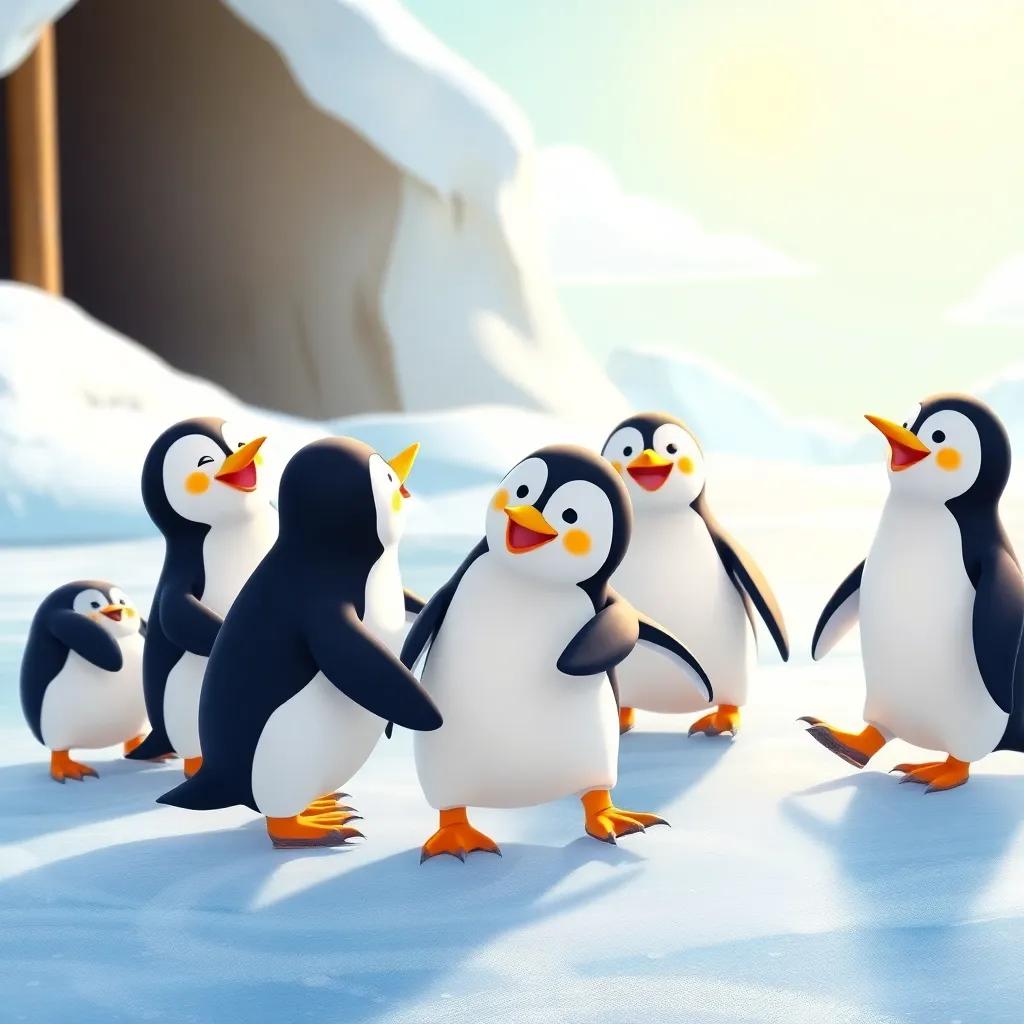 A group of young penguins, including Pudding, enjoying a circle, trying to skate together, falling with laughter, colorful ice scene with sunny skies, cheerful and fun mood, high quality