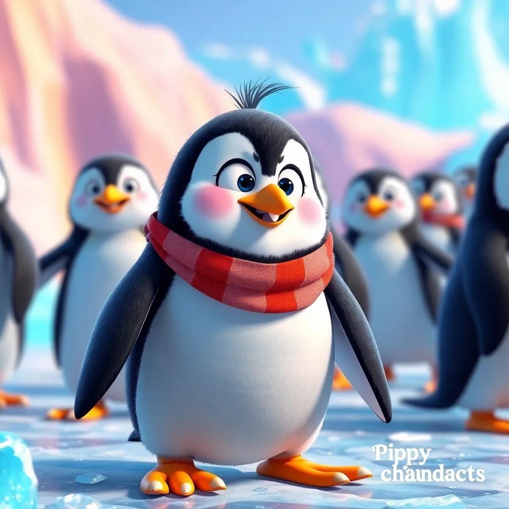Pudding the penguin imagining a big race with his friends, excited expression, flippers ready, colorful ice all around, vibrant and energetic atmosphere, high quality