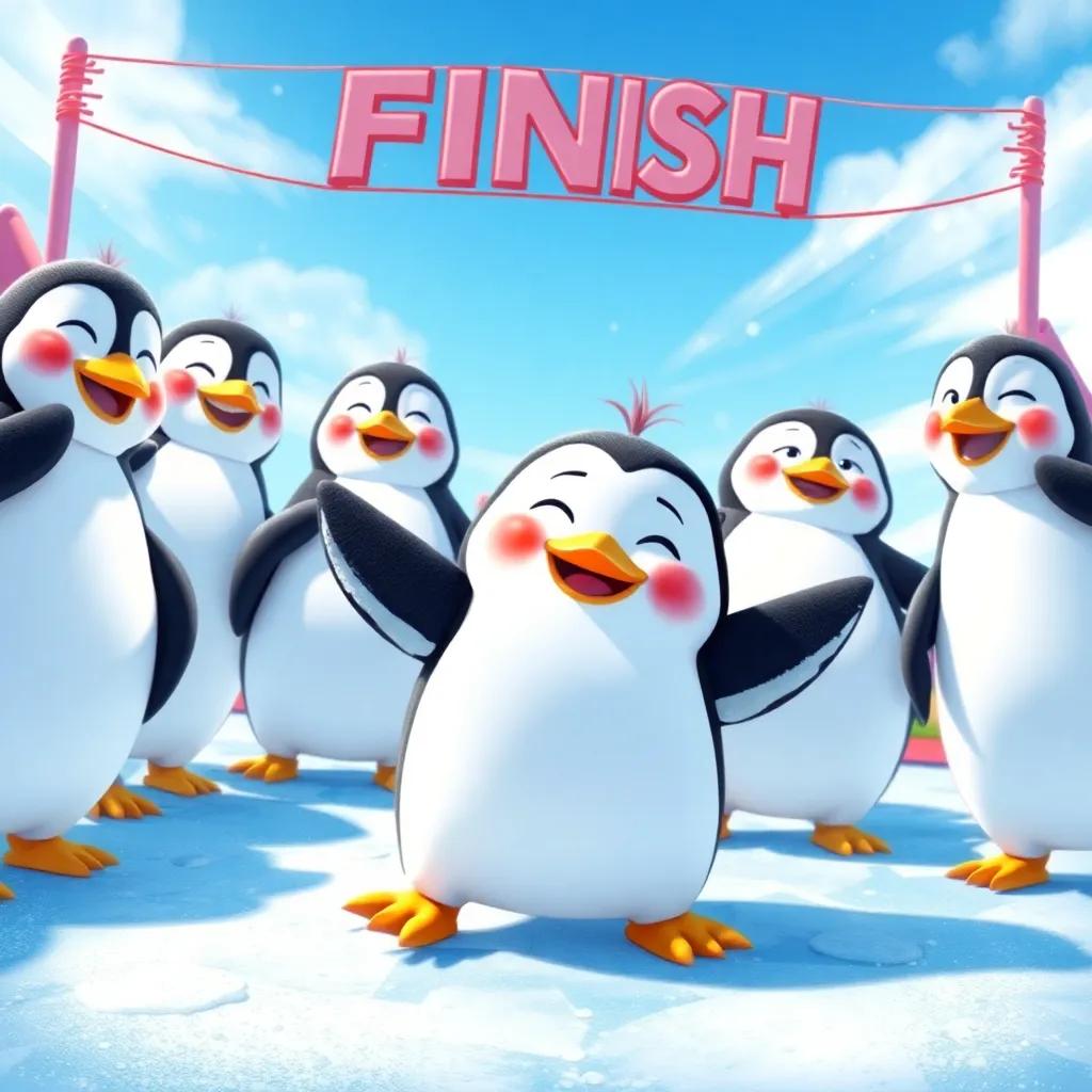 Pudding the penguin with his friends at the finish line collapsing in happiness, smiles all around, sparkling ice and blue sky, heartwarming scene, warm colors, high quality