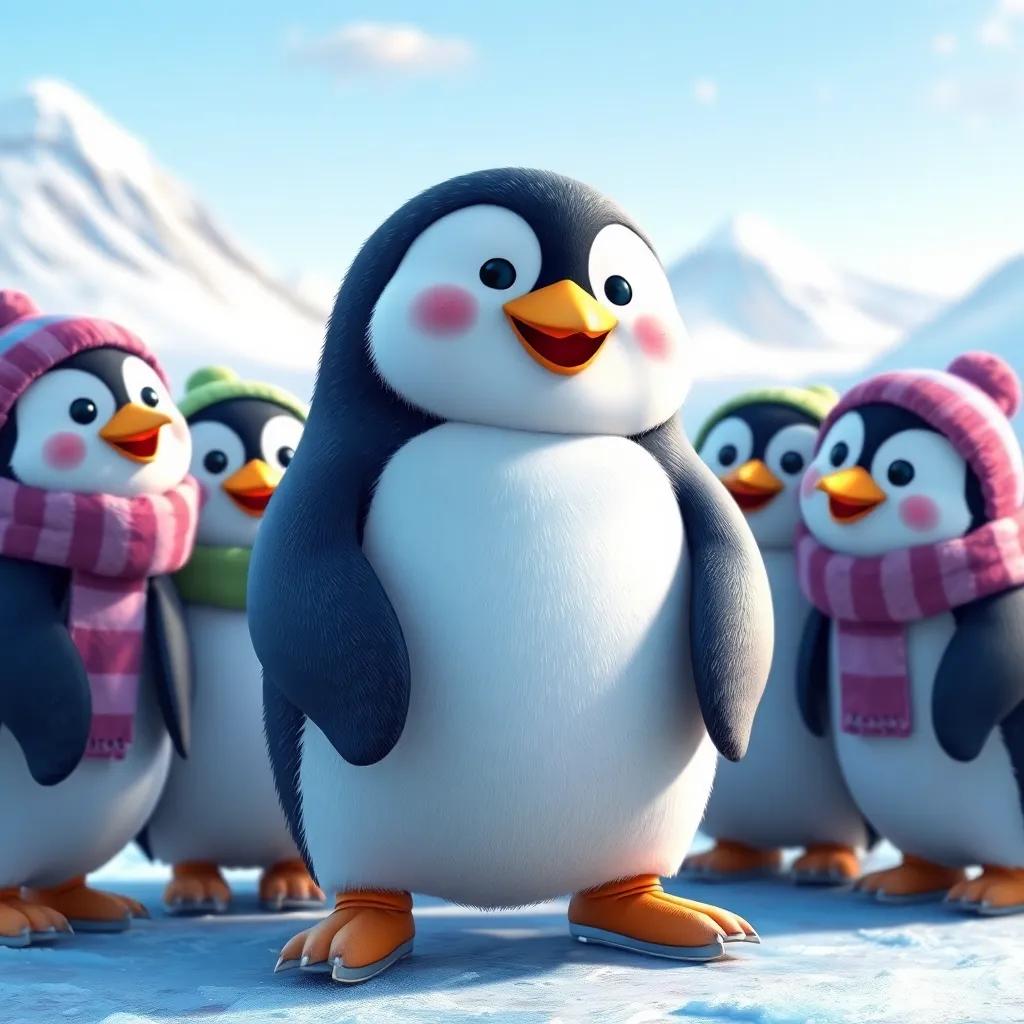 Pudding the penguin surrounded by friends, realizing the joy of skating is about fun and friendship, happy expressions, colorful ice landscape, cheerful atmosphere, high quality